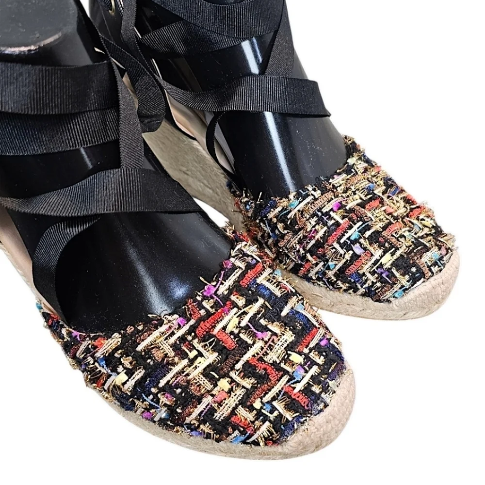 NEW! L.K. Bennett Tianna Black Tweed Espadrille Wedges Sz 37 7 Ankle Tie Preppy